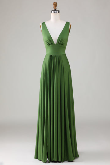 Olive Deep V-Neck Sleeveless Long Bridesmaid Dress